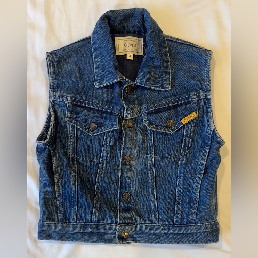Denim weight vest for a child.